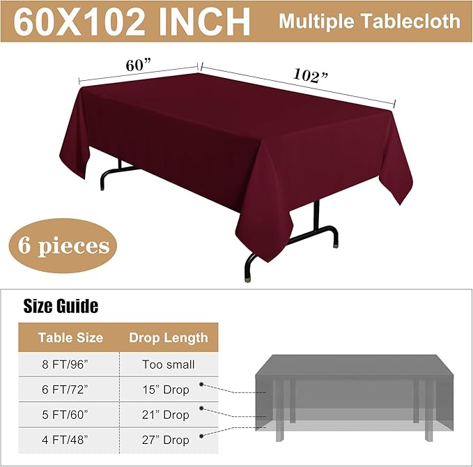 sancua 6 Pack Burgundy Tablecloth 60 x 102 Inch, Rectangle Table Cloth - Image 7