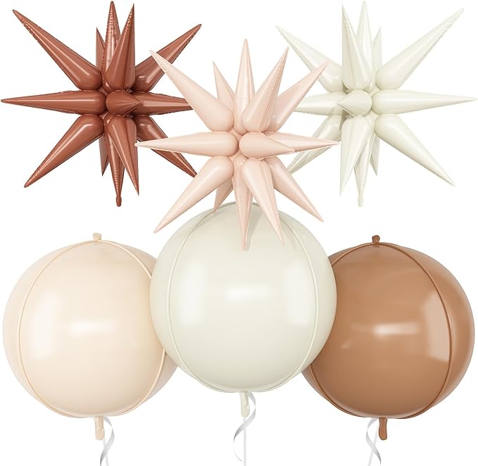 6Pcs Sand White Brown Foil Balloons, 22Inch Cream Beige 4D Round Ball Balloon by Adorely