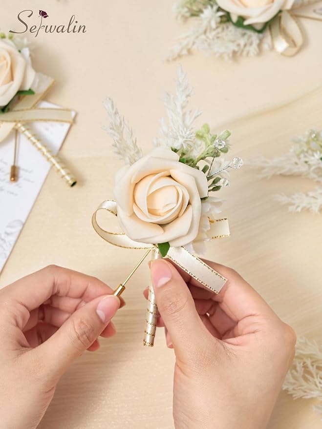 Serwalin 10Pcs Boutonniere for Men Wedding, Champagne Groom and Best Man - Image 2