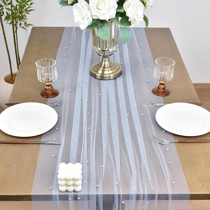 Joanlody Fall Pearl Table Runner 10ft Rustic Boho Tulle Table Runner - Image 3