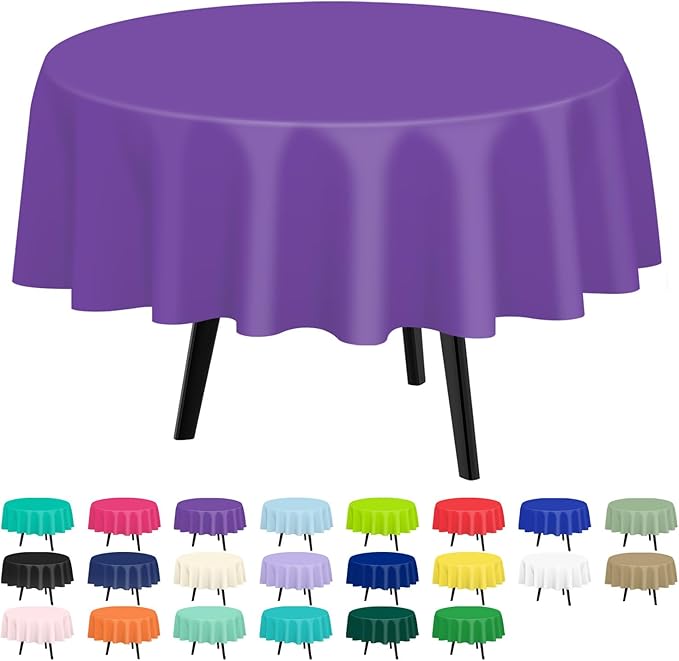 QIKSION Purple Round Tablecloth 2 Pack, 84 Inch Plastic Table Cover Disposable by QIKSION