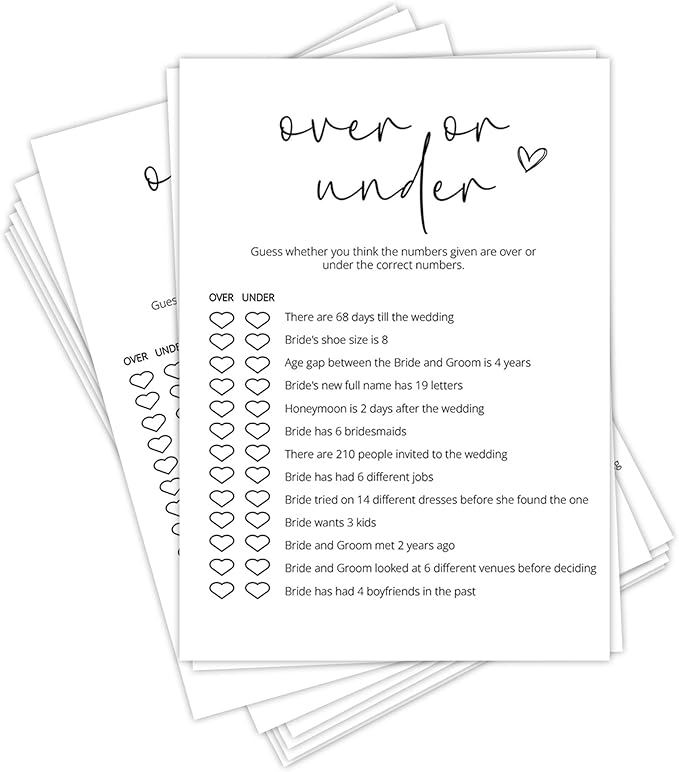 Bridal Shower Games, Over or Under, Wedding Shower Games by Tsunerrorami