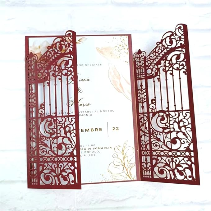 MillaSaw Burgundy Fence Laser Cut Wedding Invitation Card - Image 3