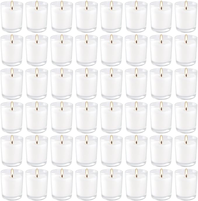 48 Pack White Unscented Clear Glass Filled Votive Candles. Hand Poured Wax by YOROXRG