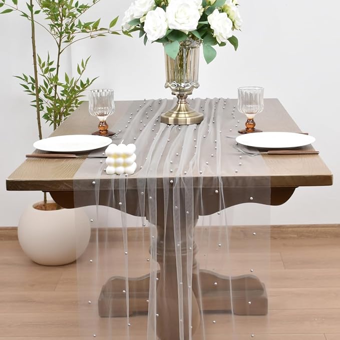 Joanlody Fall Pearl Table Runner 10ft Rustic Boho Tulle Table Runner - Image 2