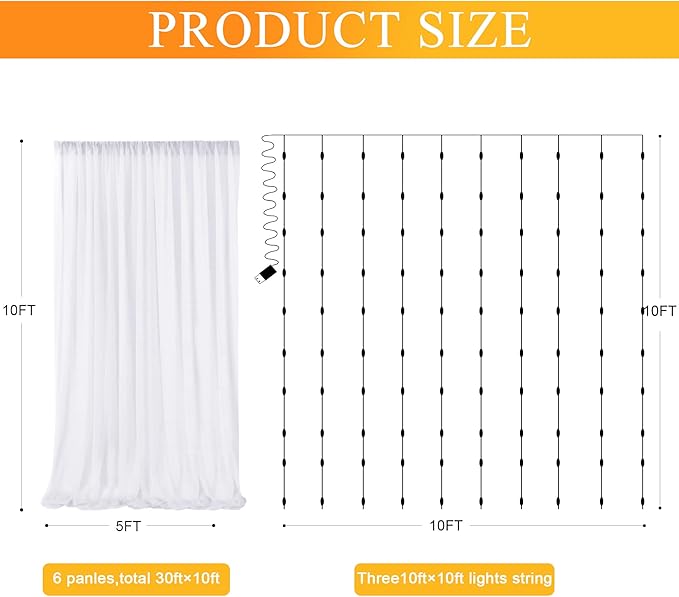Fomcet Tulle Curtains with Lights String White 30FT X 10FT Sheer Backdrop - Image 2