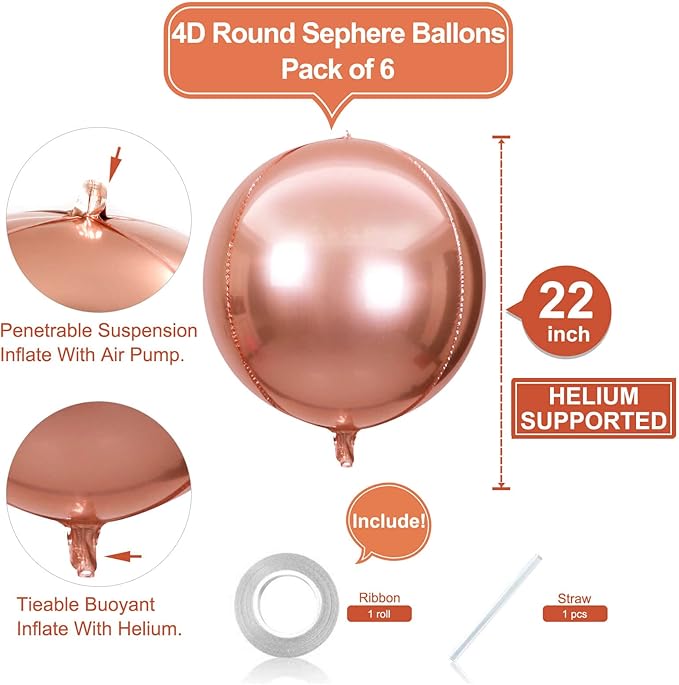 6 Pack Rose Gold 22 Inch 4D Foil Balloons Big 360 Degree Round Sephere Mylar - Image 2