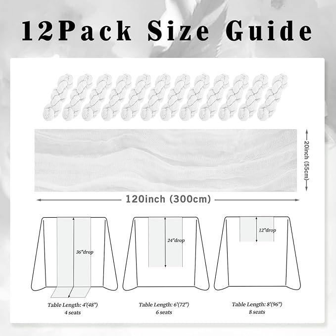 10FT 12 Pack White Cheesecloth Table Runner 20 x 120 Inch Long Rustic Gauze - Image 2