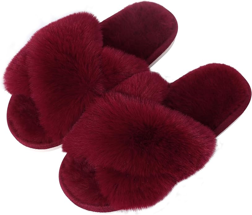 Evshine Women's Fuzzy Slippers Cross Band Memory Foam House Slippers Open Toe by Evshine