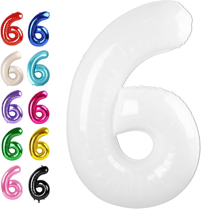 White 40 Inch Mylar Foil Number 6 Balloon, Birthday Digital Balloons by Upgesy