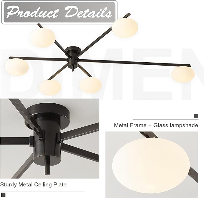 6-Light Mid Century Semi Flush Mount Black Matte Sputnik Chandelier Fixtures - Image 3