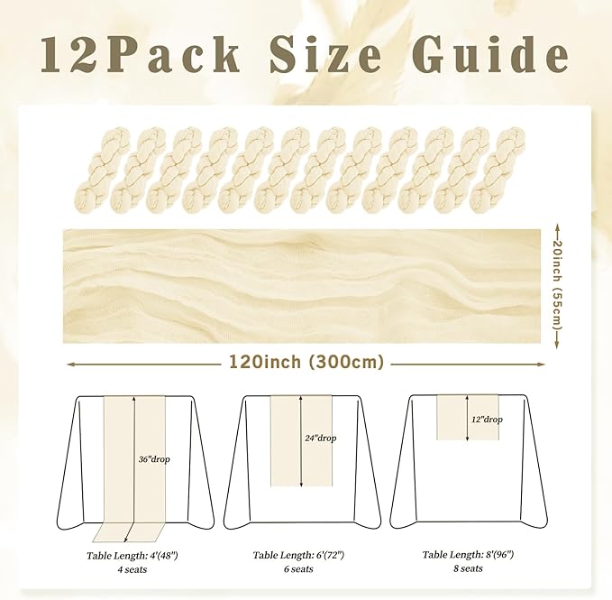 10FT 12 Pack Beige Cheesecloth Table Runner 20 x 120 Inch Long Rustic Gauze - Image 2