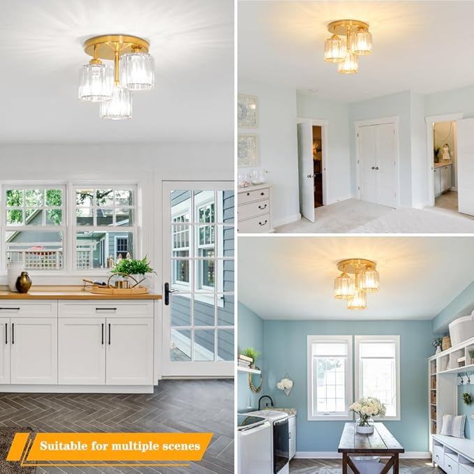 Modern Semi Flush Mount Ceiling Light, 3-Light Crystal Close to Ceiling Light - Image 4