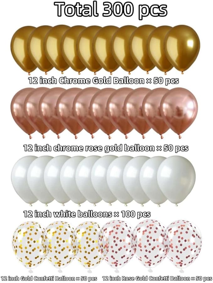 300 Pcs Rose Gold Confetti Balloons Set Lncludes 12 inch Gold White Rose Gold - Image 2