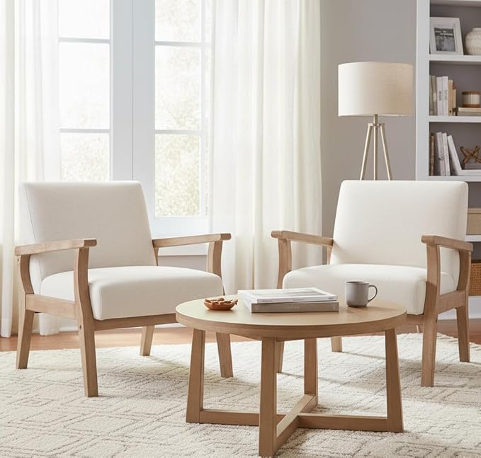 Mid Century Modern Accent Chair Set of 2, Linen Upholstered Living Room Accent - Image 4
