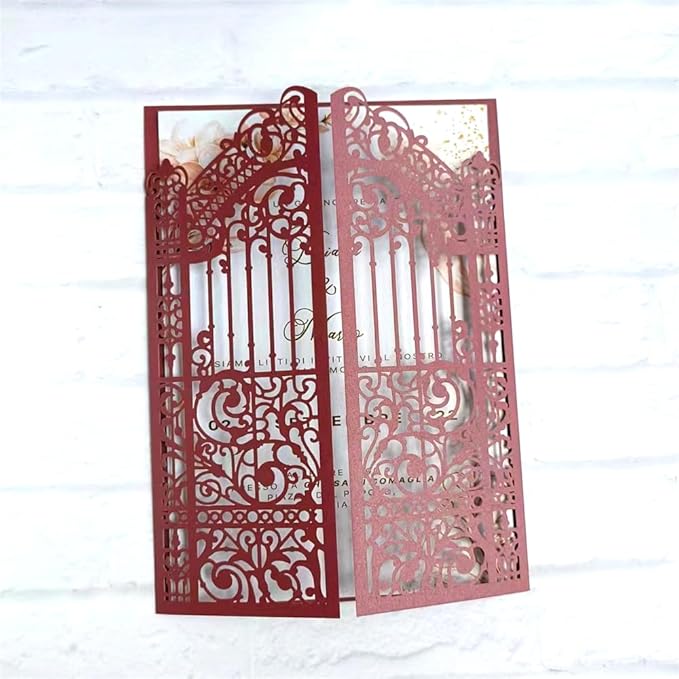 MillaSaw Burgundy Fence Laser Cut Wedding Invitation Card - Image 4