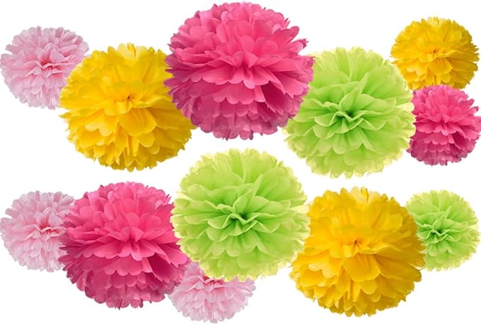 Hot Pink Yellow and Green Tissue Paper Pom Poms Flower - Image 2