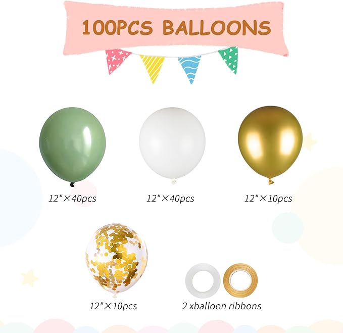 100pcs Sage Green & Gold Balloons Kit - Image 3