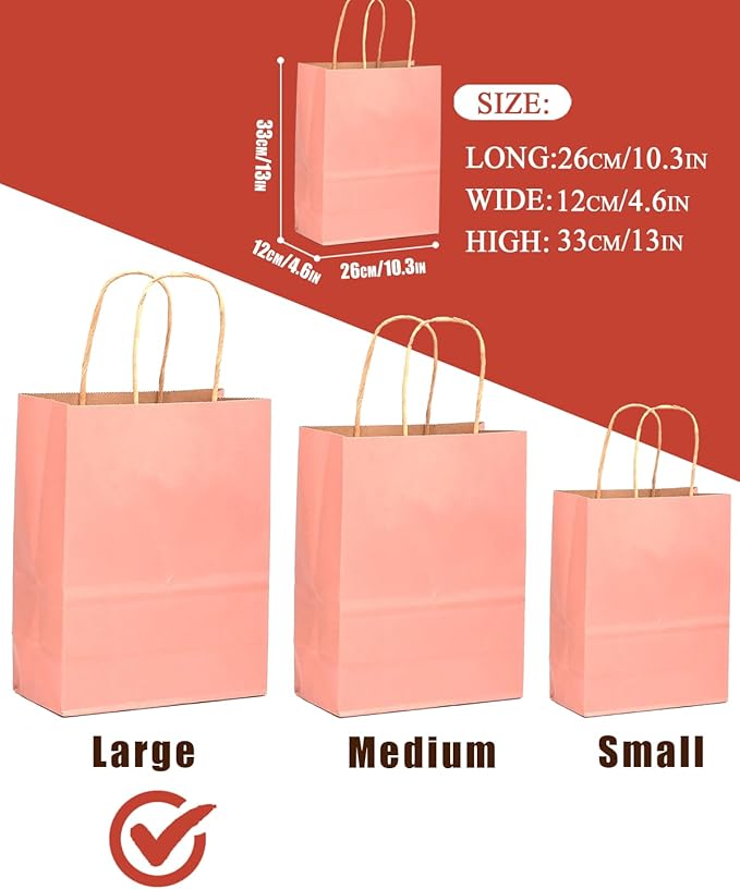 qiqee 100PCS Gift Bag with Handles Bulk Kraft Bright Pink Paper Bags Multiple - Image 3