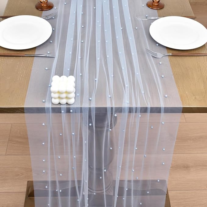 Joanlody Fall Pearl Table Runner 10ft Rustic Boho Tulle Table Runner - Image 5