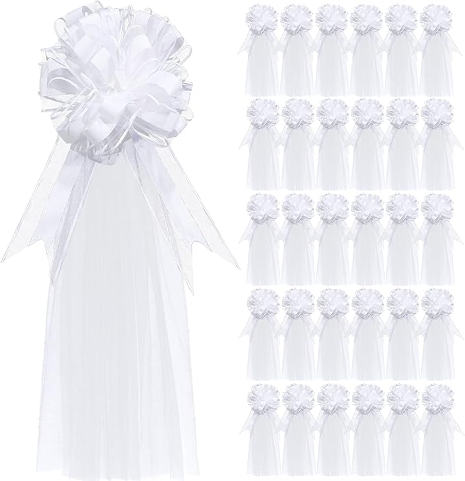 30 Set Wedding Pew Bows with Long Tulle Tails Wedding Aisle Decorations Church - Image 7