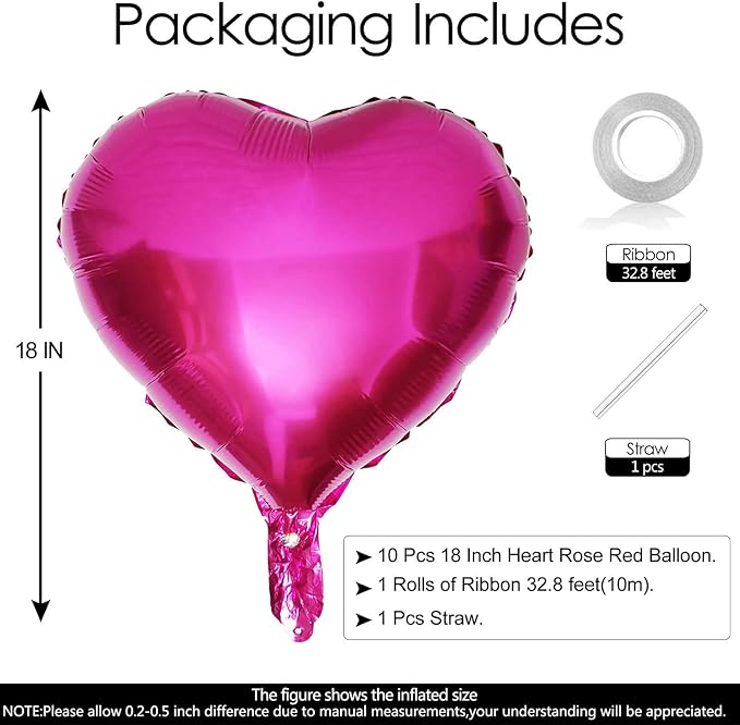 10Pcs Hot Pink Foil Heart Shaped Balloons 18 Inch - Image 2