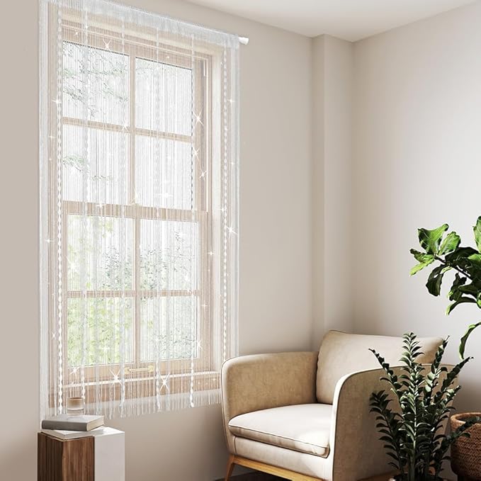 Hysenm Door String Curtains 39x79 Inch White Panel Soft Balls Romantic Glitter - Image 2