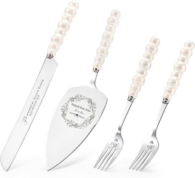 Wedding Cake Knife and Server Set, Ceramic Pearl Handle Cake Cutting Set by BEKESIN