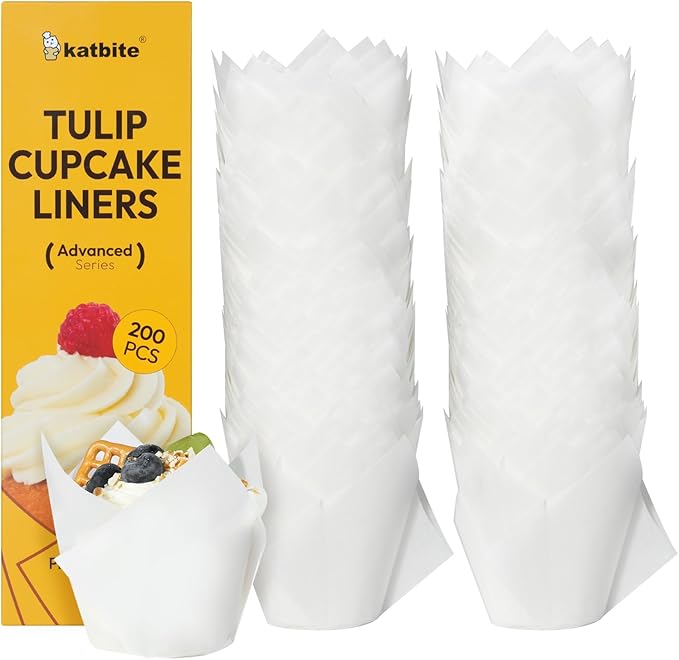 Katbite Tulip Cupcake Liners 200PCS, Muffin Baking Cups ProSmooth White by katbite