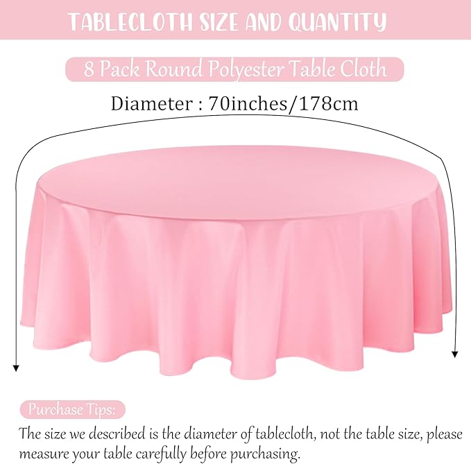 8 Pack Round Tablecloth 70 Inch Pink Round Table Covers Bulk Washable Polyester - Image 2