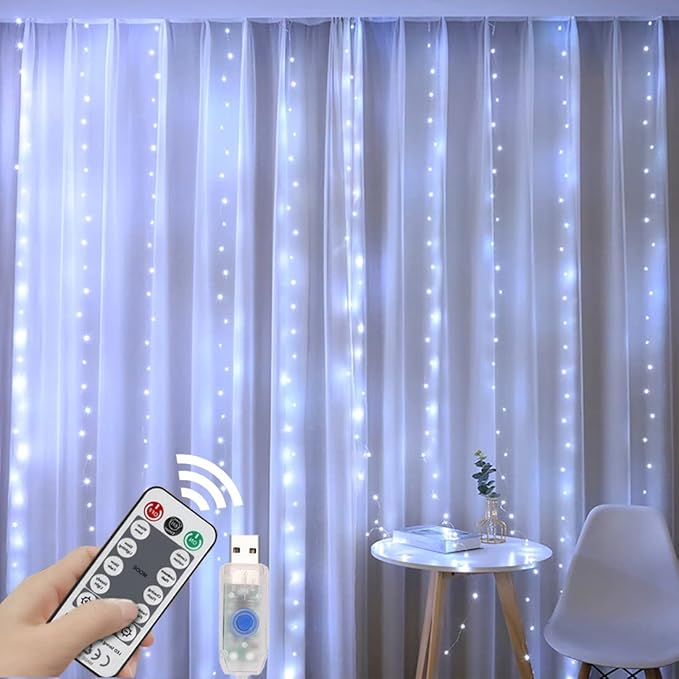 White Curtain Lights for Bedroom, 7.9Ftx5.9Ft 144 LED Waterproof USB Powered by YEOLEH