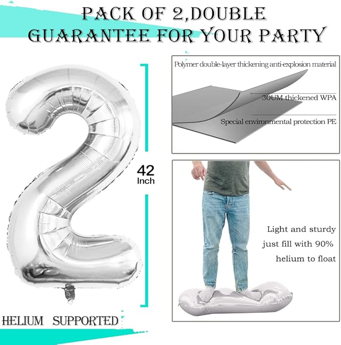 GOER Silver Number 2 Foil Balloons, Huge Number Balloons - Image 6