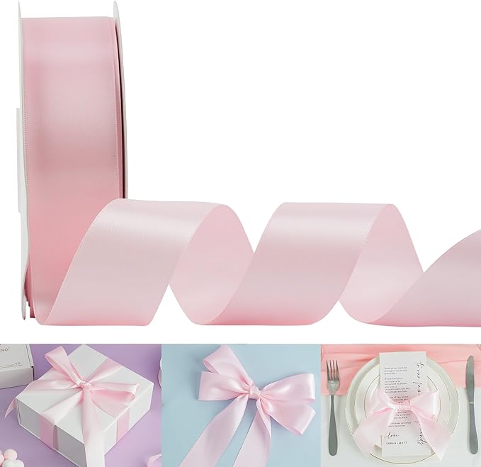 HUIHUANG Baby Pink Ribbon Satin 1-1/2" Wide Double Face Polyester Satin Ribbons by HUIHUANG