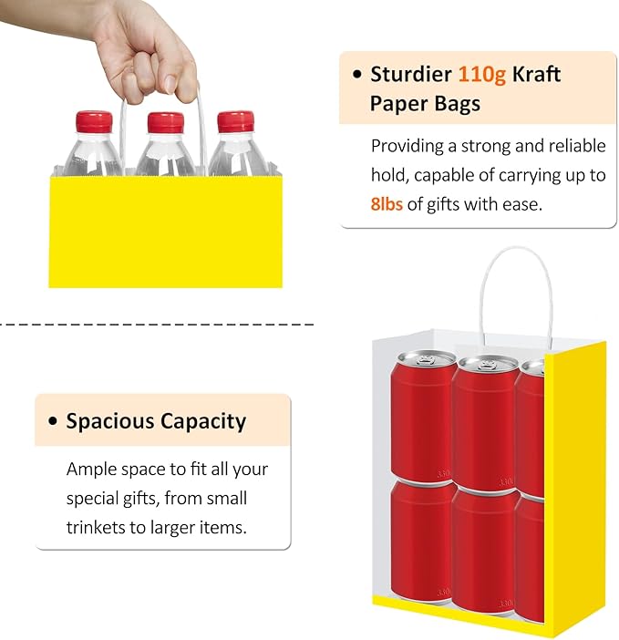 BagDream 8x4.25x10.5 Inch 100Pcs Yellow Gift Bags Medium, Kraft Paper Bags - Image 3