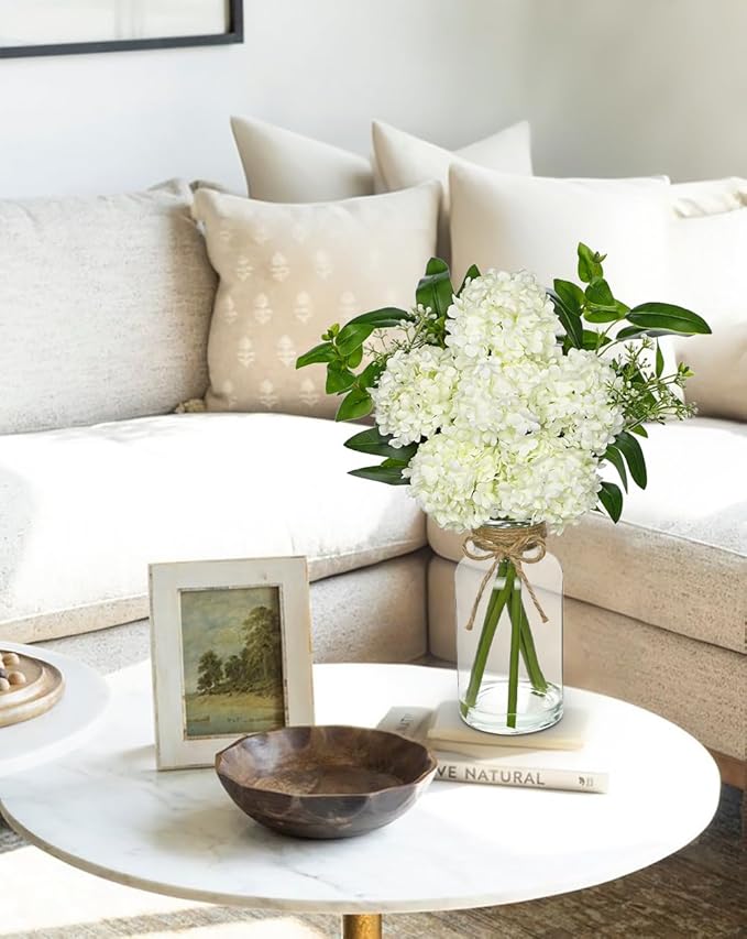 Hollyone White Hydrangea Artificial Flowers in Clear Glass Vase - Image 7