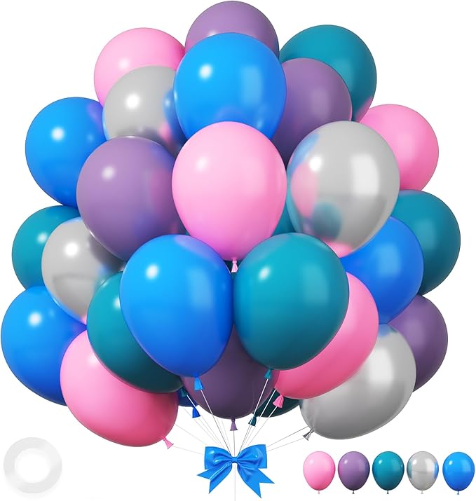 Pink Blue Purple Balloons, 12 Inchs Blue Pink Metallic Silver Cartoon Theme by Sowide