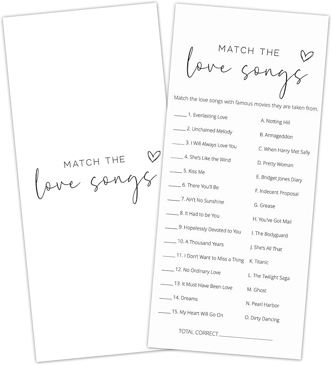 Bridal Shower Games, Match the Love Songs, Wedding Shower Games by Tsunerrorami