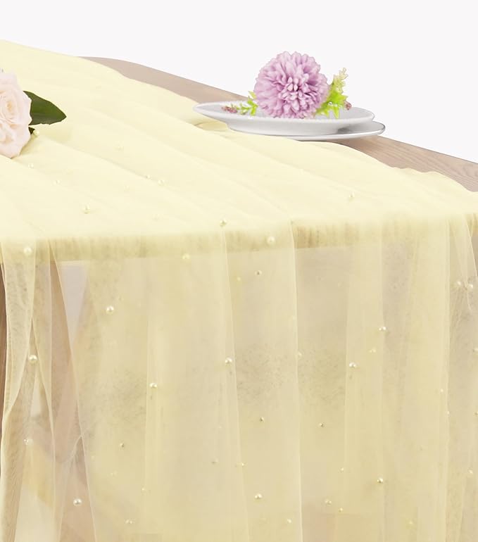 Pearl Table Runner 29 x 120 Inch Tulle Fabric Lace Table Runners Boho Rustic by JALANCY