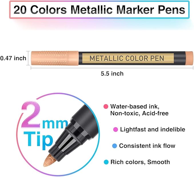 JR.WHITE Metallic Paint Markers, 20 Colors Paint Pen Craft Markers - Image 2