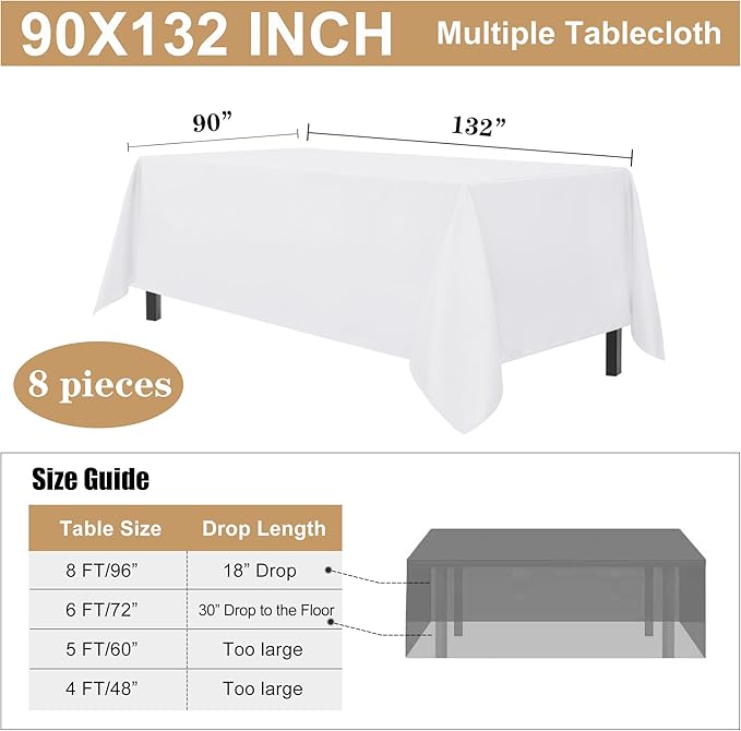 sancua 8 Pack White Tablecloth 90 x 132 Inch - Image 7