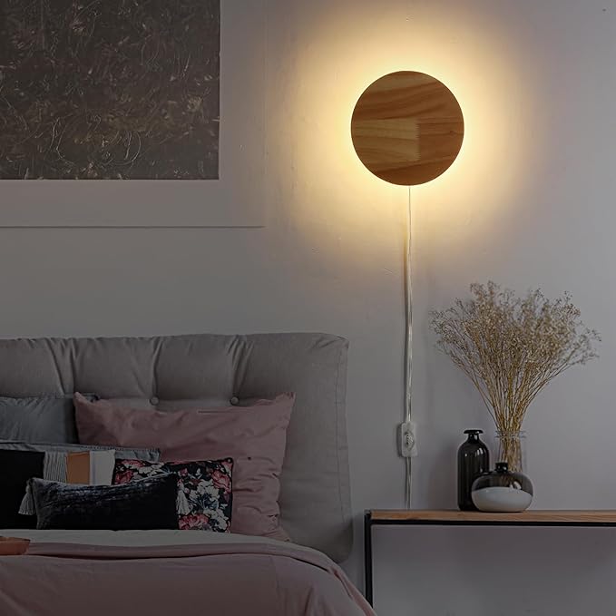 Modern Minimalist Plug in Wall Sconces, Plug-in Or Cordless 11.8'' Round Wood - Image 4