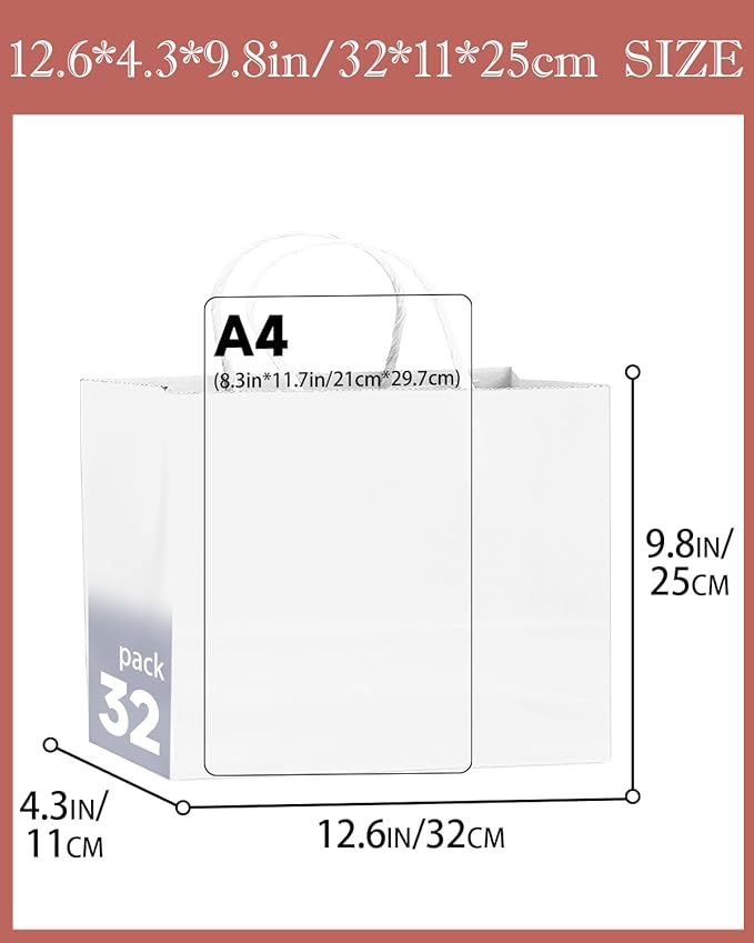 qiqee 50-Packs White Paper Gift Bags - Image 3