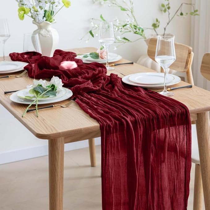 8 Pack 10Ft Table Runner 35x120 inch Burgundy Boho Gauze Table Cheese Cloth - Image 4