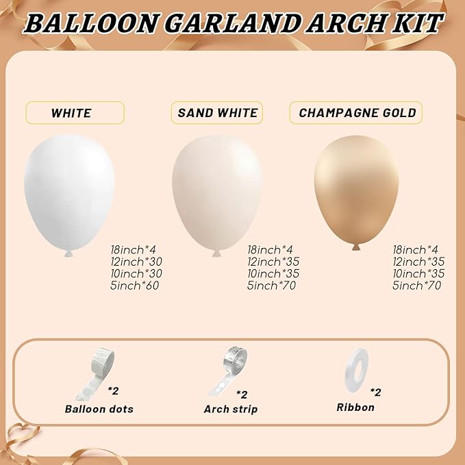 412Pcs White Sand Champagne Gold Balloon Arch Kit, Metallic Champagne Gold - Image 2