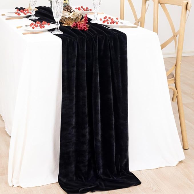 MLMC Black Velvet Table Runner 10ft Glossy Luxury Velvet Fall Table Runner - Image 5