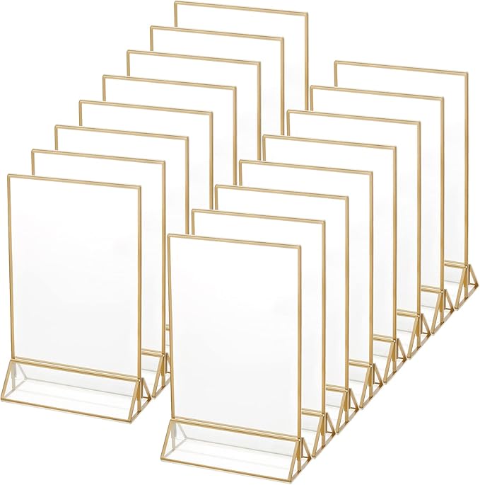 16 Pieces Gold Rimmed Clear Acrylic Table Sign Holders, Double Sided Frame by Maitys