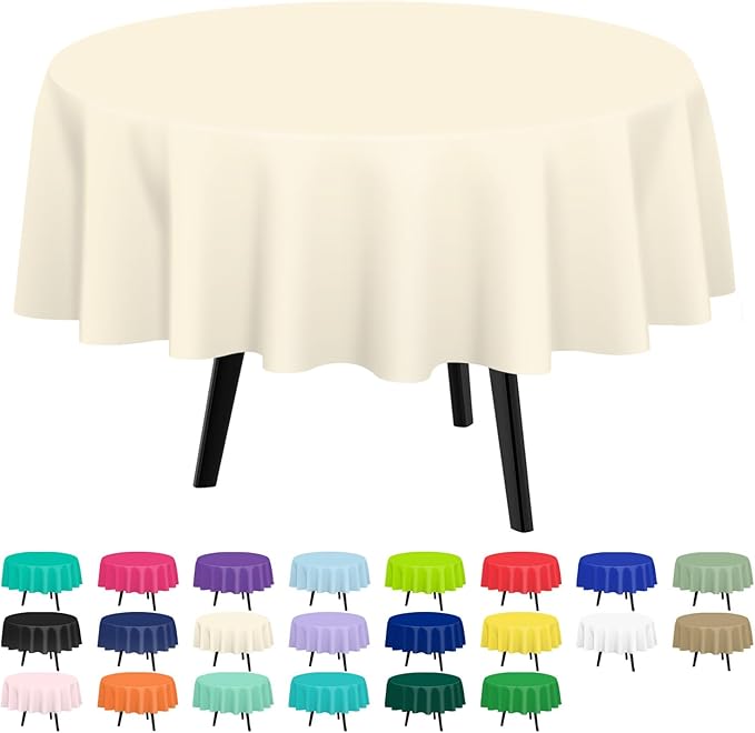 QIKSION Ivory Round Tablecloth 6 Pack, 84 Inch Plastic Table Cover Disposable by QIKSION