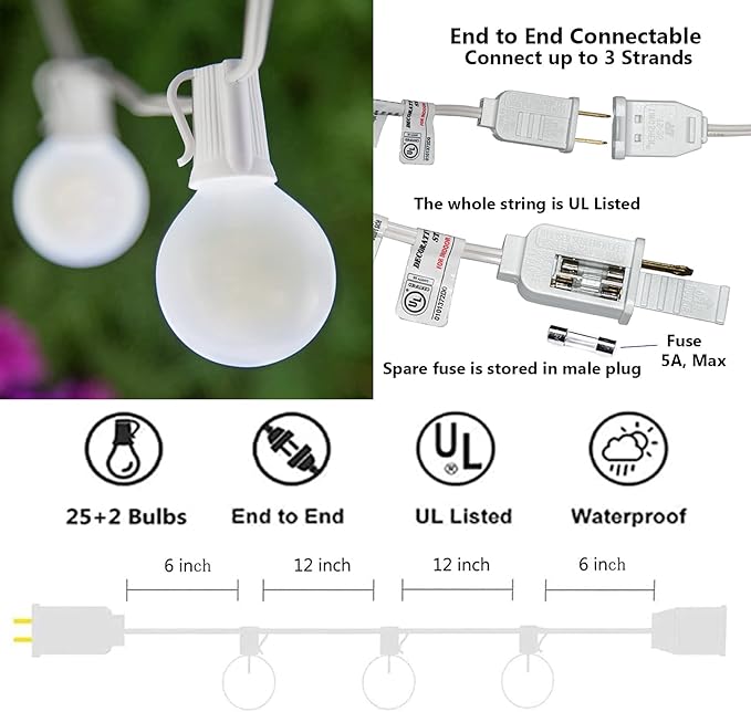 SUNSGNE 25Ft Outdoor Patio Lights G40 Globe String Lights - Image 2