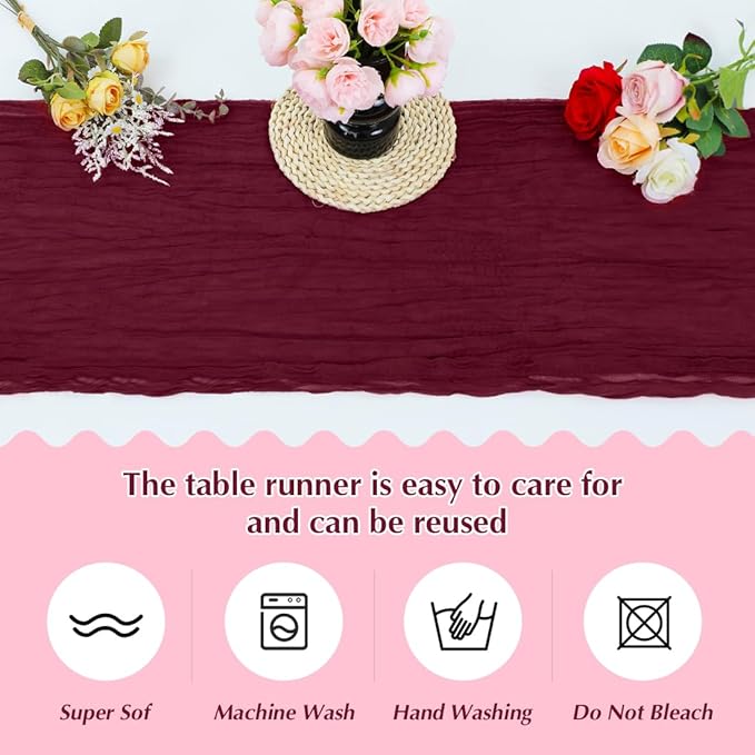 Wine red Cheesecloth Table Runner -21*120Inch Long Boho Wedding Table Decor - Image 4