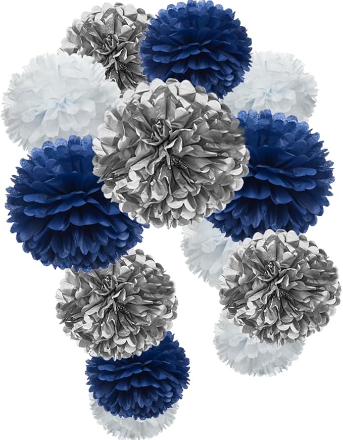 Royal Blue Silver and White Paper Flower Tissue Pom Poms by MOWO
